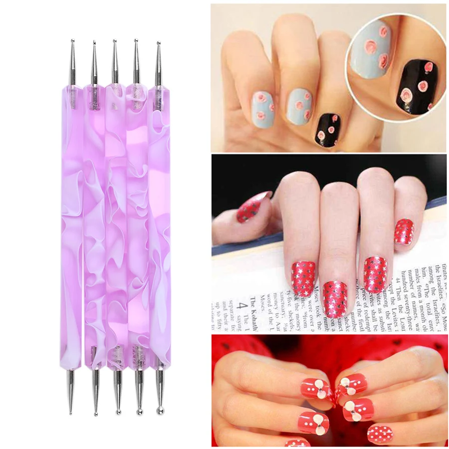 

5pcs Purple 2 Ways Dotting Pen Marbleizing for Tool Gel Nail Polish Paint Manicure Dots Nail Art Tools