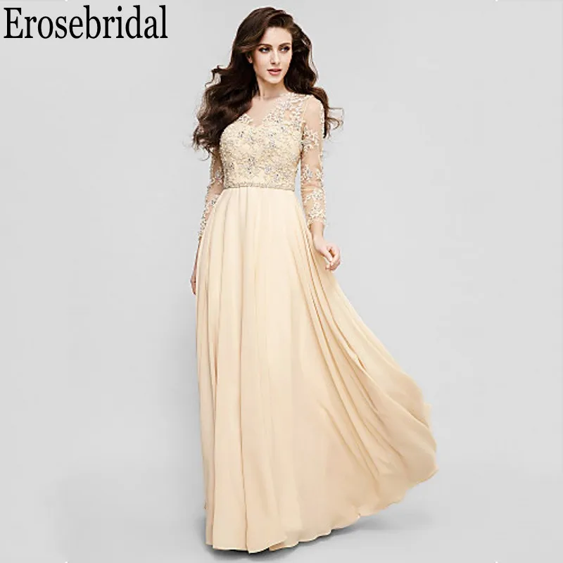 Женское вечернее платье с длинным рукавом Erosebridal длинное шифоновое цвета шампань
