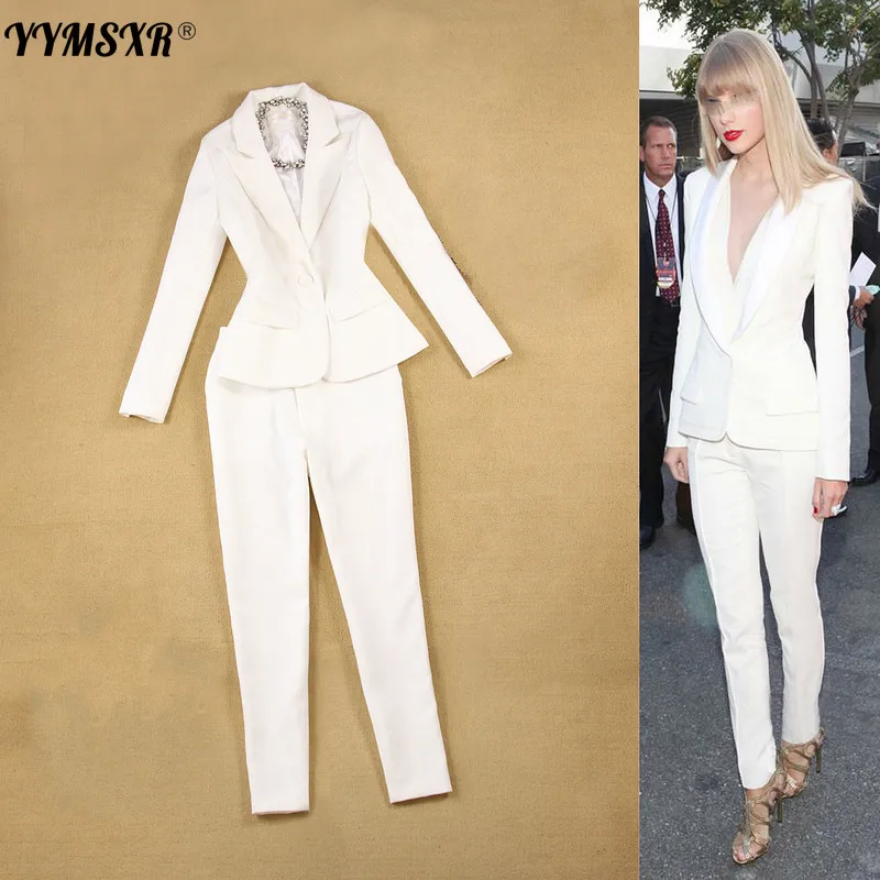 

Autumn Women's Clothing 2019 New Slim Long-sleeved Single Button White Suit Two-piece Casual Feet Pants Sets High Quality