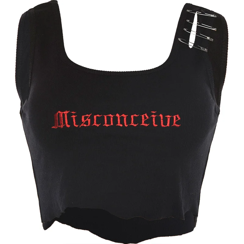 

Kywommnz Women Embroidered Letters Crop Top Sexy T-shirt Pin decoration Casual sling T-shirt summer 2021 E627