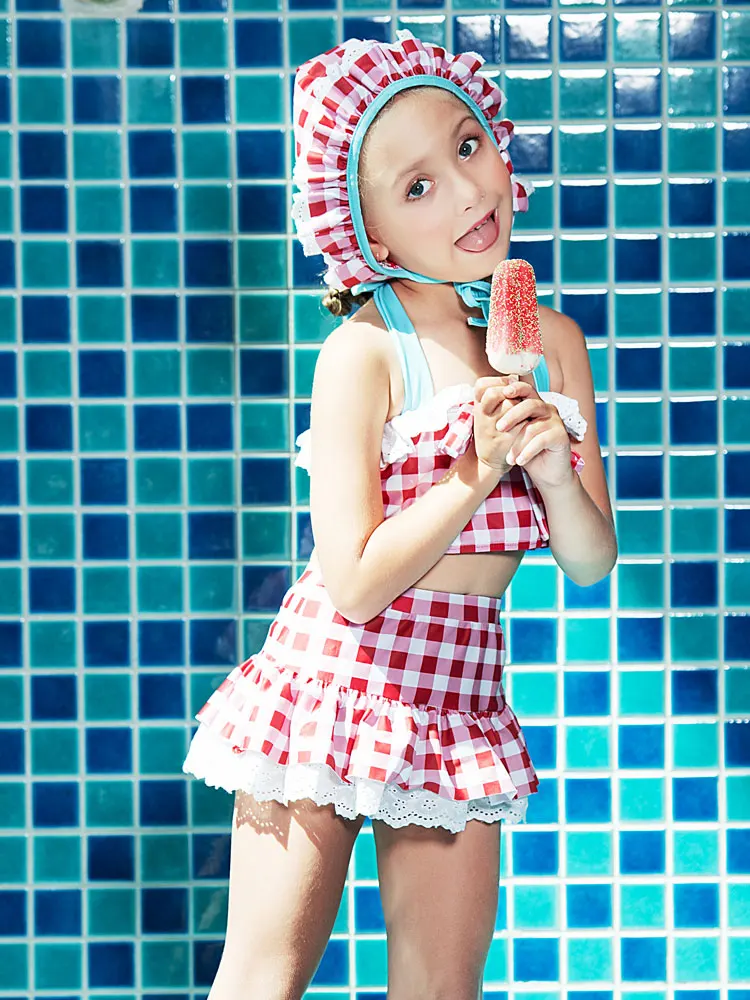 Girls Two Piece Swimsuit Falbala High Waisted Skirted Bikini Set Halter Neck Swimwear Gingham Printing Bathing Suits with Hats | Спорт и