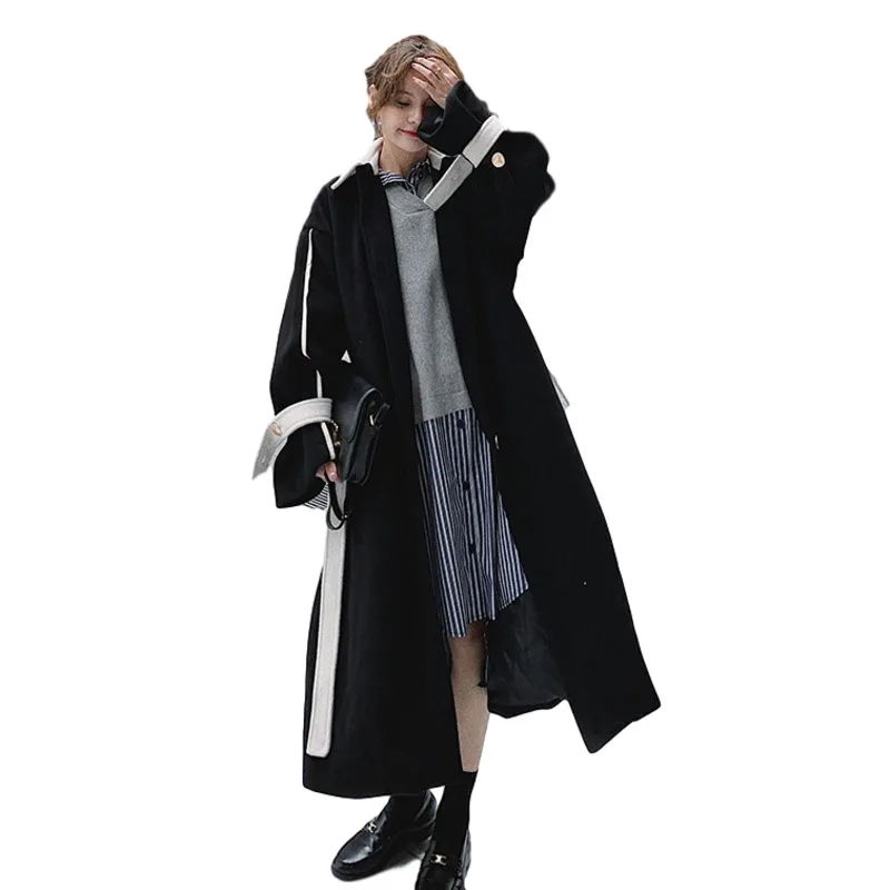 

LANMREM 2021 Autumn Turn-down Collar French Style Single-breasted Flare Waist Knee-length Warm Black Women Woolen Coat 2A1949