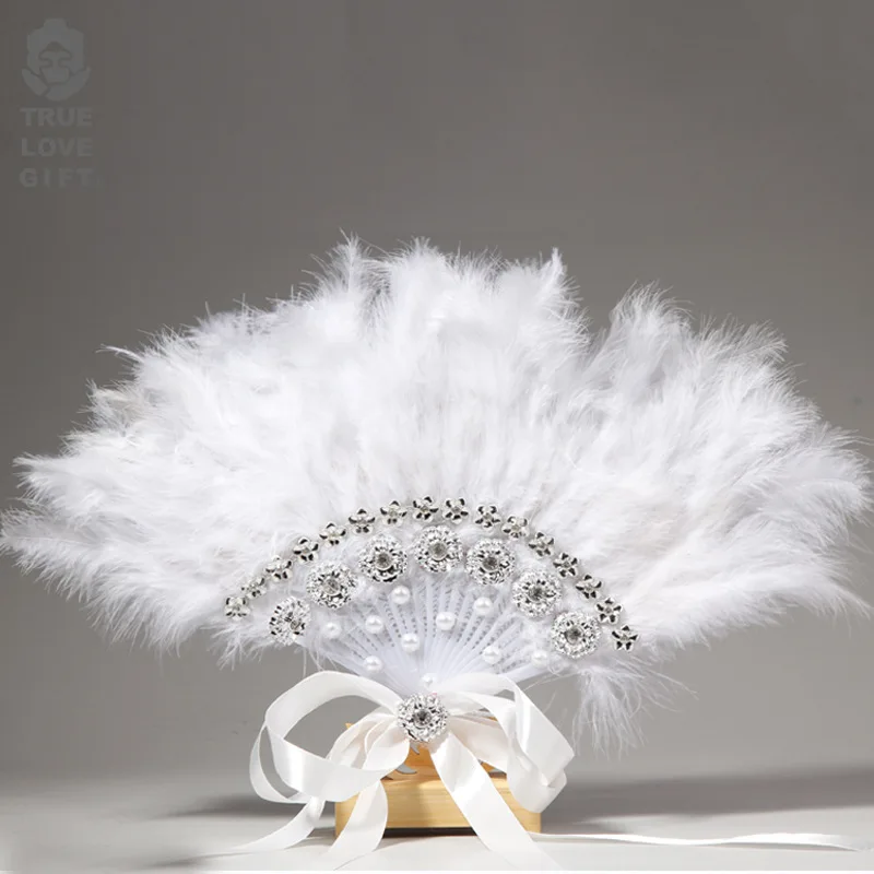 Свадебный душ белый женский складной веер с перьями индейки оптовая продажа