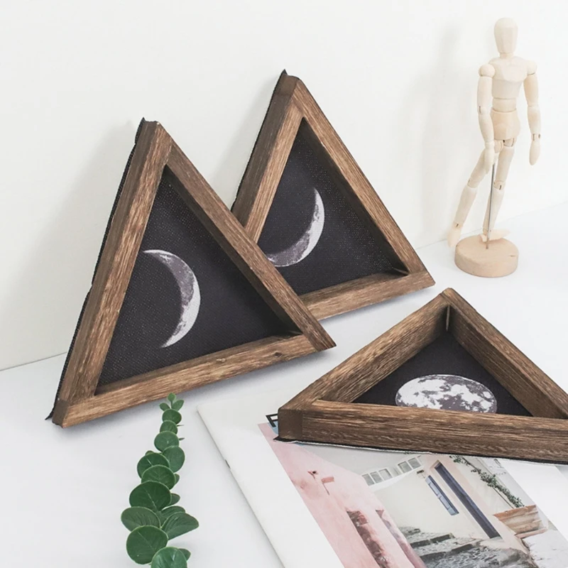 

H051 Rustic Style Moon Phases Wooden Signs Trio Framed Wall Hanging Decoration Pediments for Home Apartment Living Room Bedroom