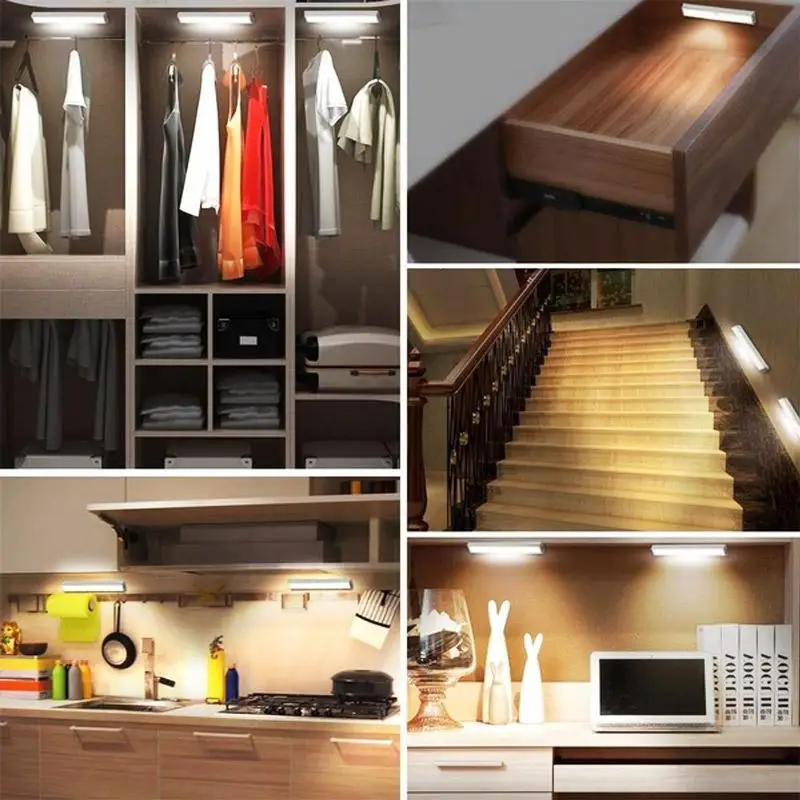 

6/10 LEDs PIR Night Light Motion Sensor Wireless USB Rechargeable Kitchen Cabinet Wardrobe Closet Stairs Lamp