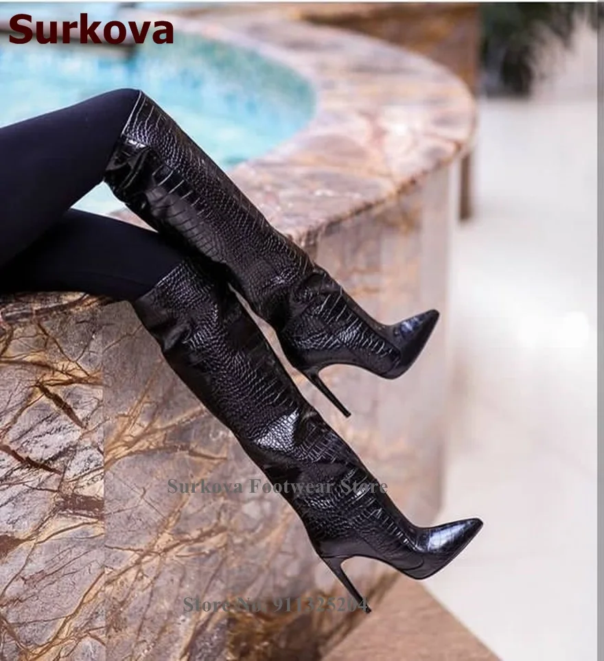 Surkova Women Sexy Crocodile Knee High Boots Sky High Heel Pointy Toe Gladiator Thigh Boots Snakeskin Fall Winter Dress Shoes