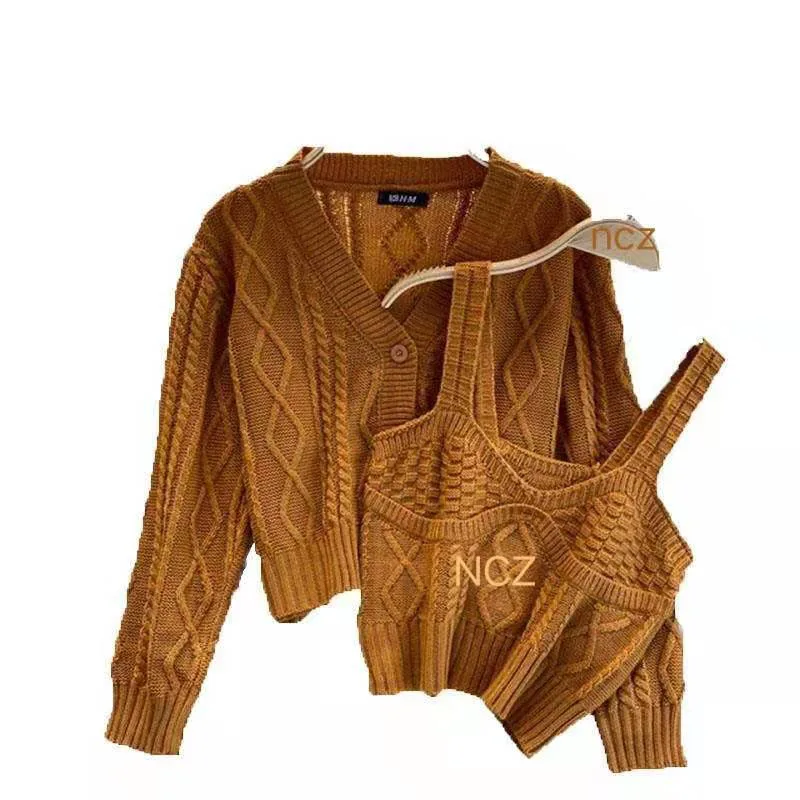 

casual women two piece set solid v-neck long sleeve knitted cropped cardigan sweater jacket and camis top clothing sets