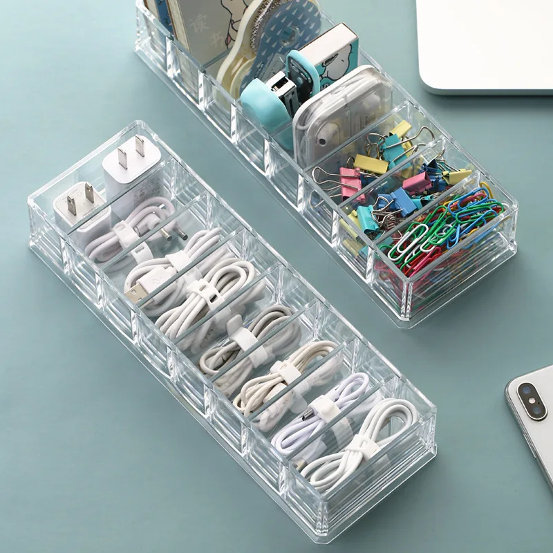 

Data Cable Storage Box Charging Cable Earphone Organizer Transparent Multifunctional Drawer Sorting With 10 pcs Management Belts
