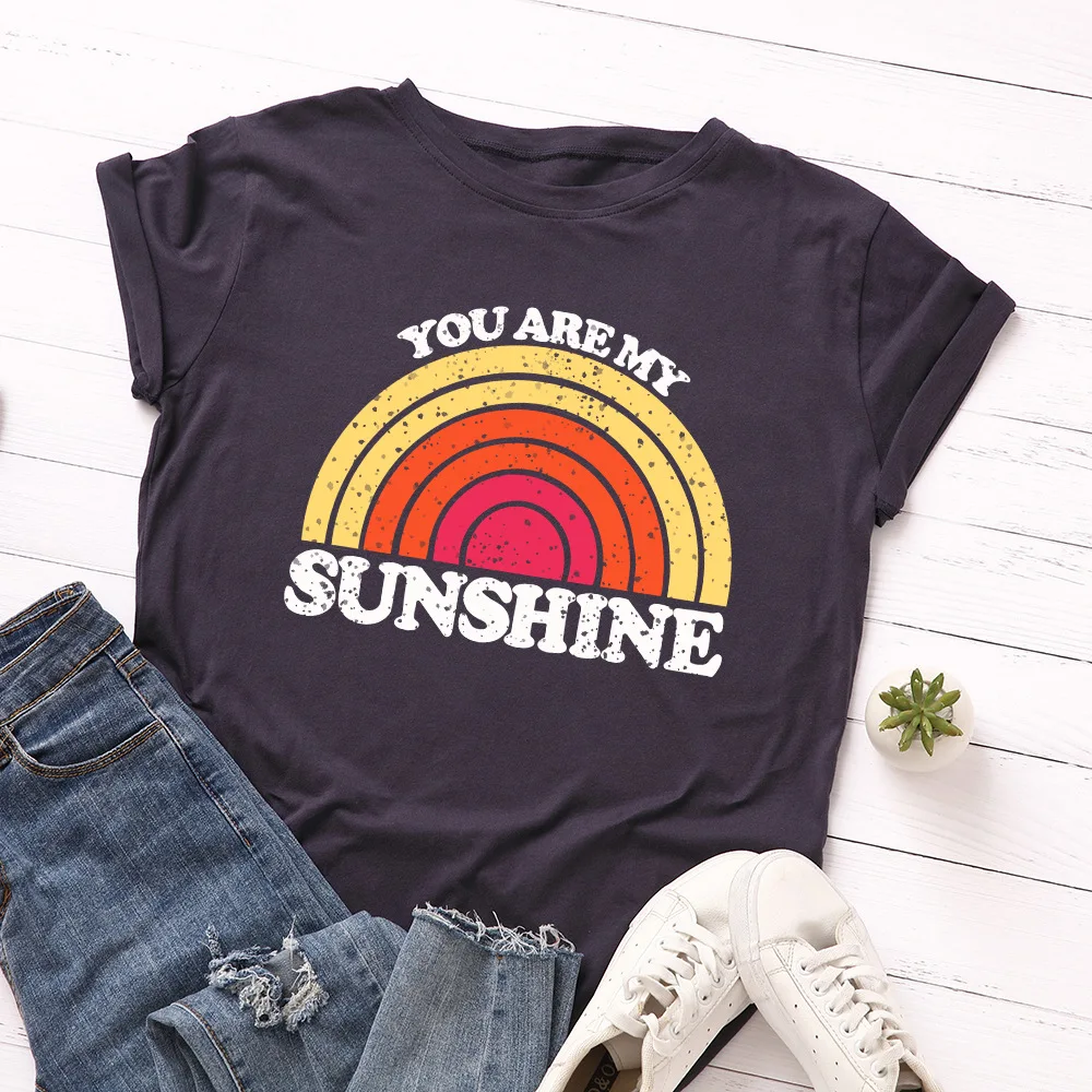 

You Are My Sunshine Print Women Tshirt Harajuku Cotton Short Sleeve Loose Basic Tee T Shirt Casual Oversized Rainbow Ladies Tops