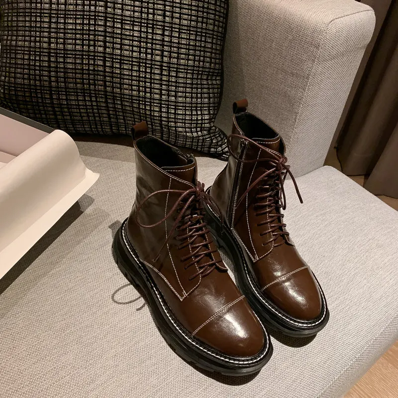 

2020 New Genuine Leather Women Ankle Boots Classic Round Toe Square Heels Western Boots Ladies Autumn Winter Office Shoes