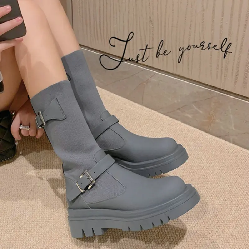 

ZawsThia Genuine Real Leather Grey Combat Army Boots Buckle Strap Platform Punk Goth Women Shoes Elastic Stretch Martin Boots