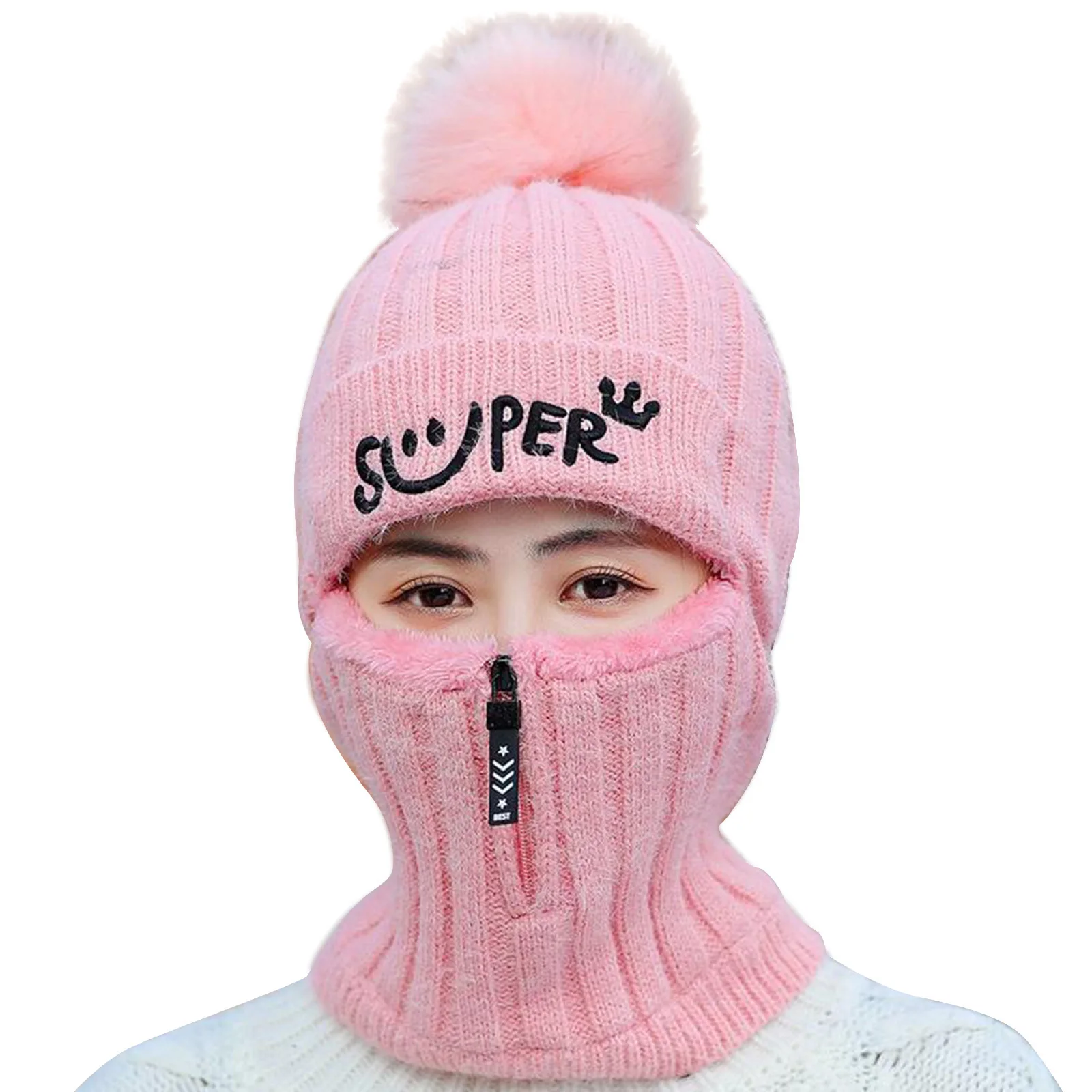 

Wool Ball Plus Thick Knitted Hat Full Head Ear Neck Protection Warm Hat d88