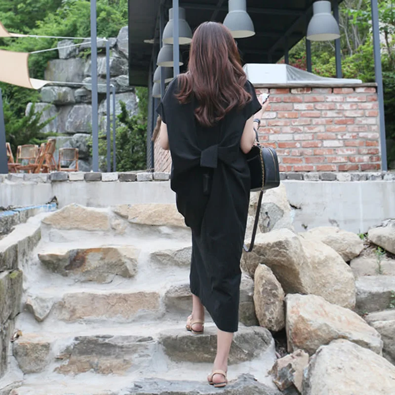 Летнее женское платье в Корейском стиле свободное черное с коротким рукавом