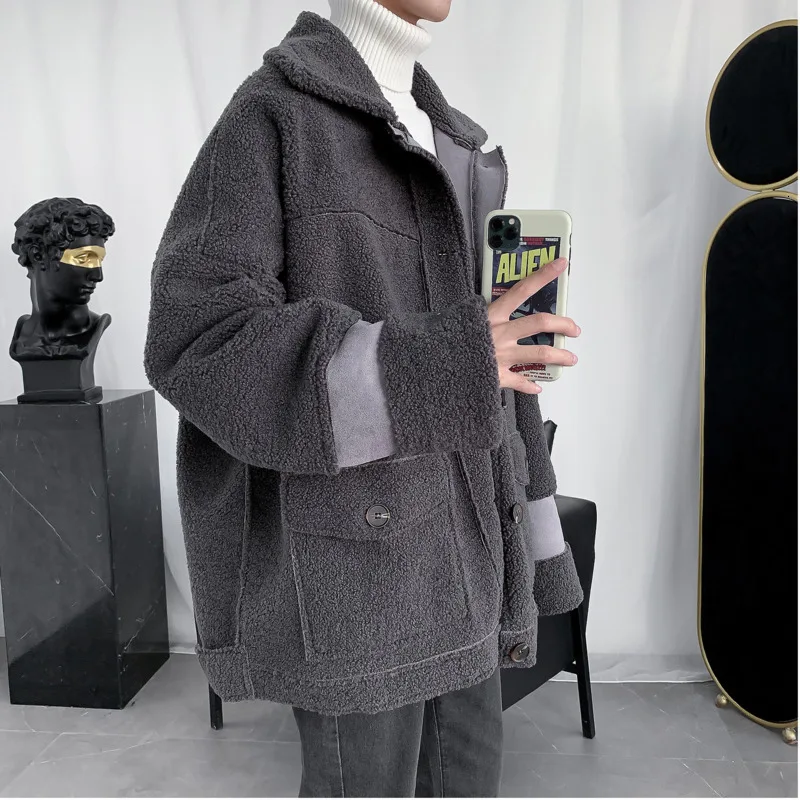 Теплая Свободная рубашка повседневная однотонная куртка с отворотами из овечьей