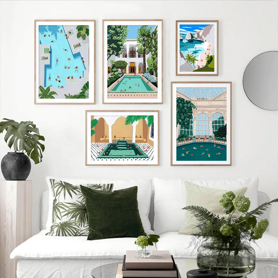 

Modern Blue Swimming Pool Summer Crowd Seaside Vacation Canvas Painting Wall Art Poster Prints Picture Living Room Home Decor