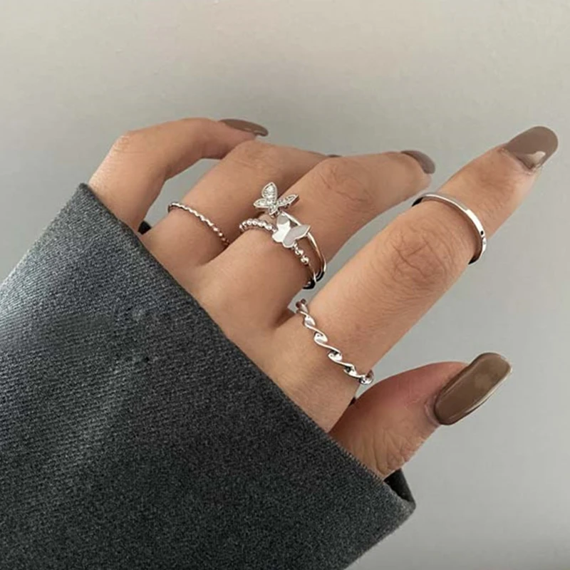 

Korean Fashion Adjustable Butterfly Rings For Women Simple Ring Set Gold Silver Color Statement Hip Hop Jewelry 2021