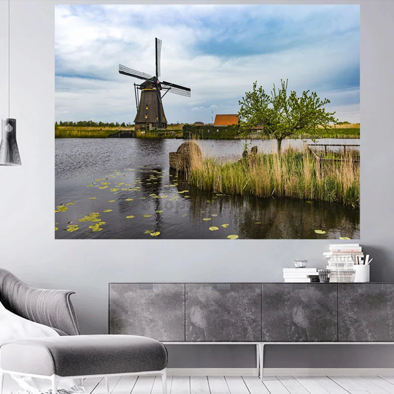 

Алмазная 5D картина «сделай сам», полноразмерная картина из холста с пейзажем, декоративная Алмазная картина с голландскими ветряными мельн...