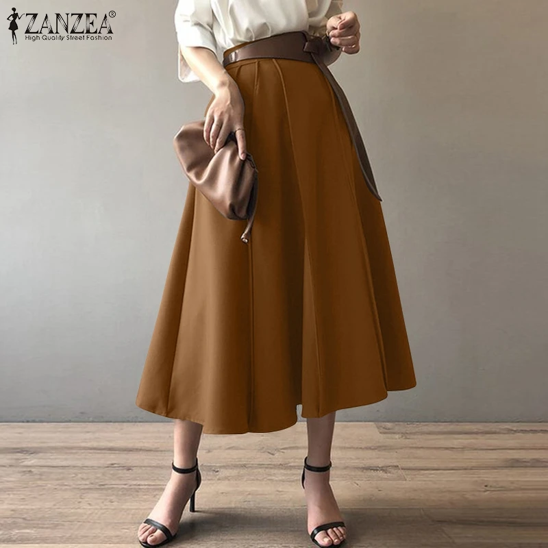 

Fahsion Casual Office Lady Women's Skirts 2022 Spring Autumn A-line Maxi Long Skirts ZANZEA Oversized Solid High Waist Bottoms
