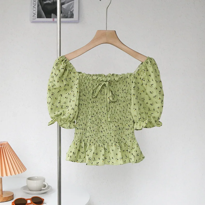 

Summer Women's Square Neck Floral Short Sleeve Ruffle Short Shirt Retro Style Corset