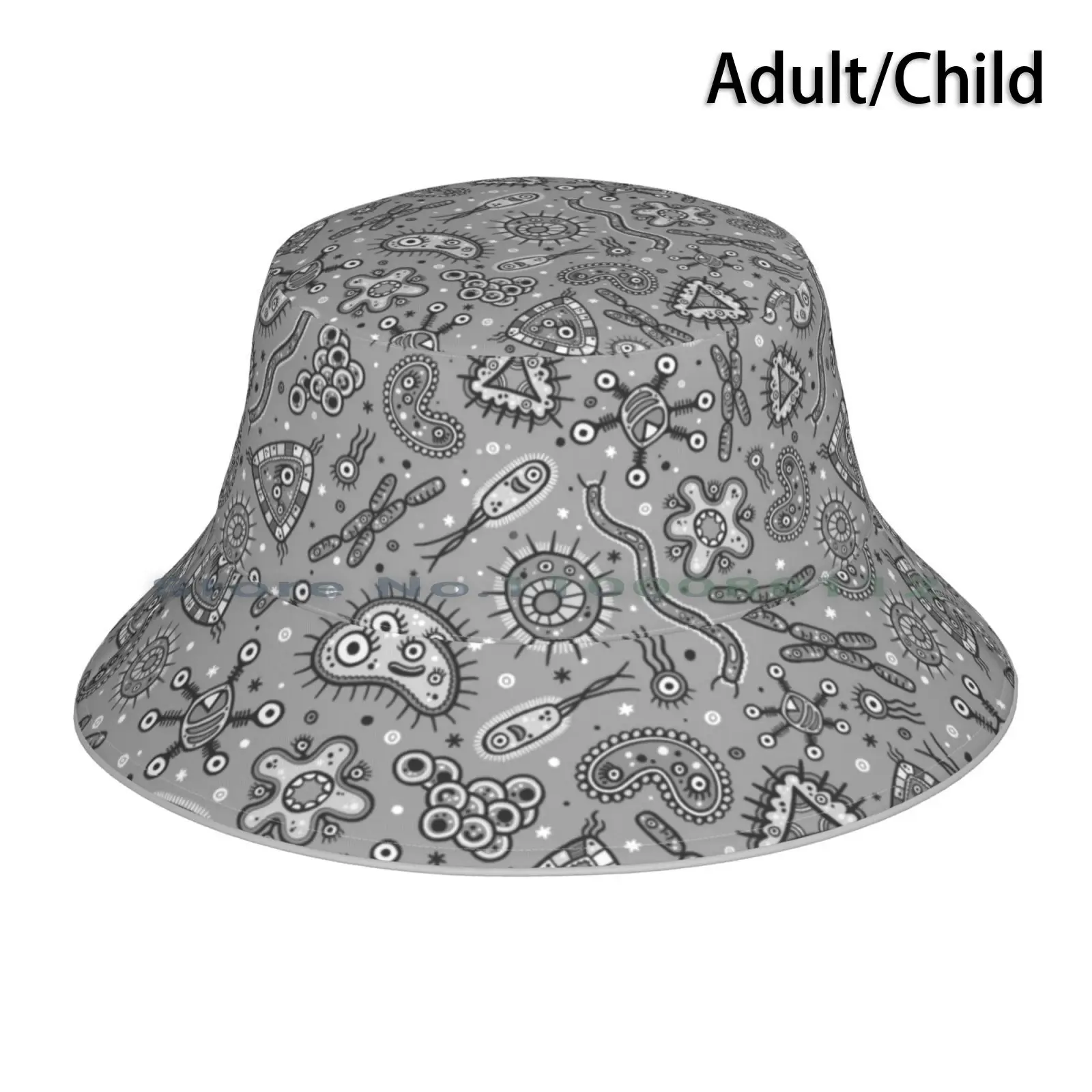 

Cartoon Microbes-Grey / Gray Bucket Hat Sun Cap Pattern Germs Microbes Bacteria Tiny Microscopic Microbiology Science Scientist