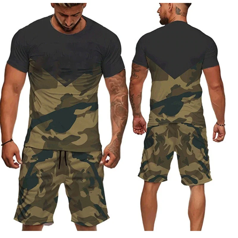 

Summer 2021 Men's Camouflage Short Sleeve Shorts Two Piece Sport Suit for Leisure Fitness Casual Shorts Suit Male