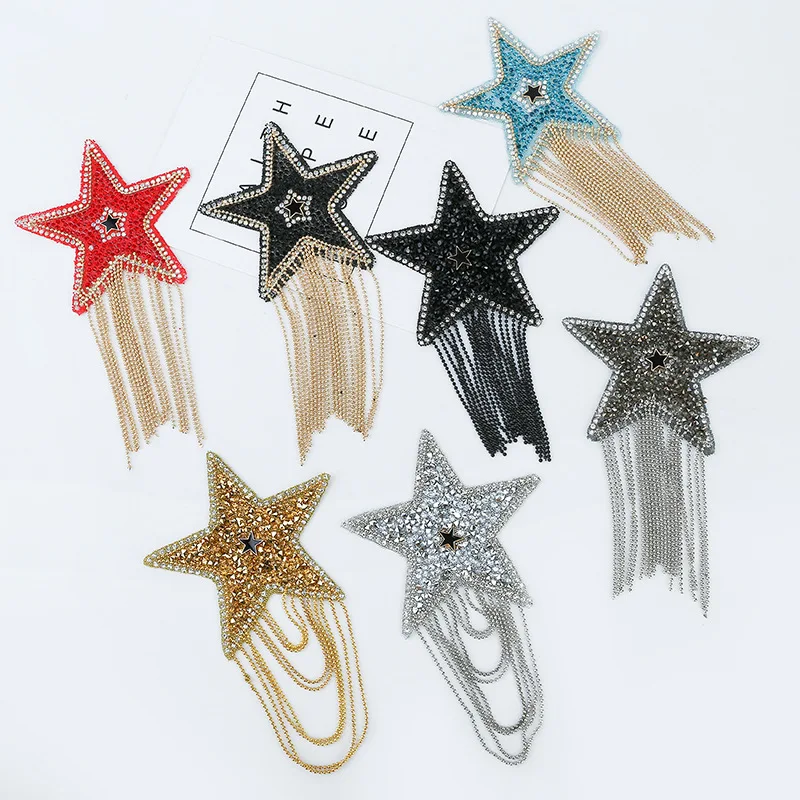 

Coloured Sparkling Rhinestone Five-pointed Star Tassel Clothes Patches Patches for Clothing Appliques Iron-on stickers