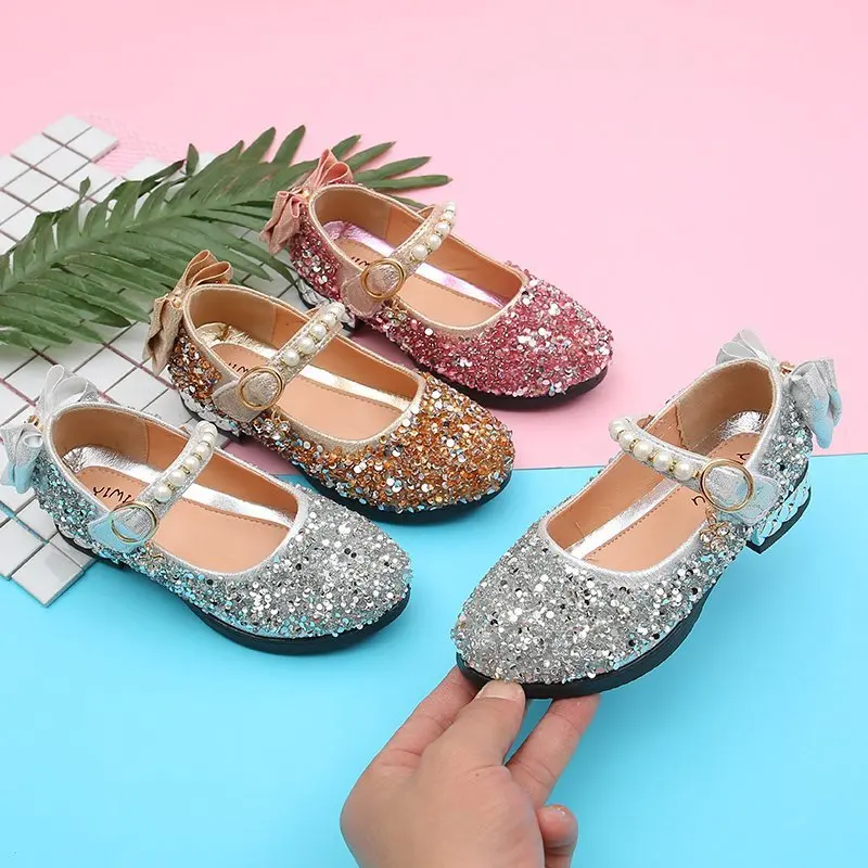 Zapatos de cuero para ni&ntilde;as, calzado individual con diamantes de imitaci&oacute;n, zapatos planos informales con lentejuelas y perlas dulces para fiesta, Chic, 2022-3