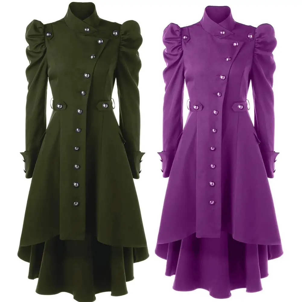 

Женское однотонное платье-пальто средней длины с воротником-стойкой и оборками