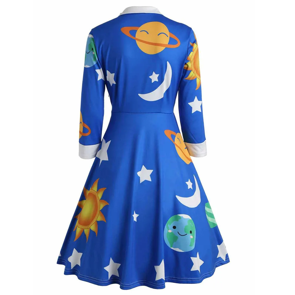 Элегантное ТРАПЕЦИЕВИДНОЕ женское винтажное черное платье с принтом Солнца и