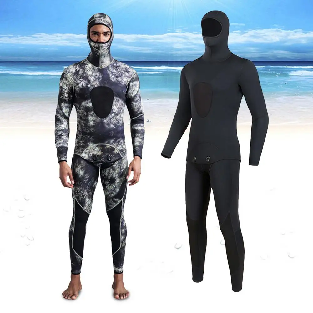 

3mm Mens Wetsuits Camo Split 2-Piece Full Body Scuba Diving Suit With Hood Cap Hat Spearfishing Hunting Suit Free Diving Suit
