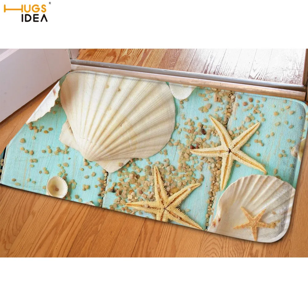 

HUGSIDEA Seashells Starfish Sand Printing Carpets Home Comfortable Bathroom Living Room Flannel Door Mat Non-slip Entrance Tapis