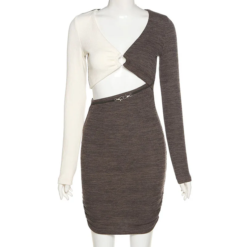 

Sexy Party Club Basic Bodycon Dress Women Hollow Out V-Neck Ruched Joining Dresses Long Sleeve Mini Contrast Color Robe Autumn