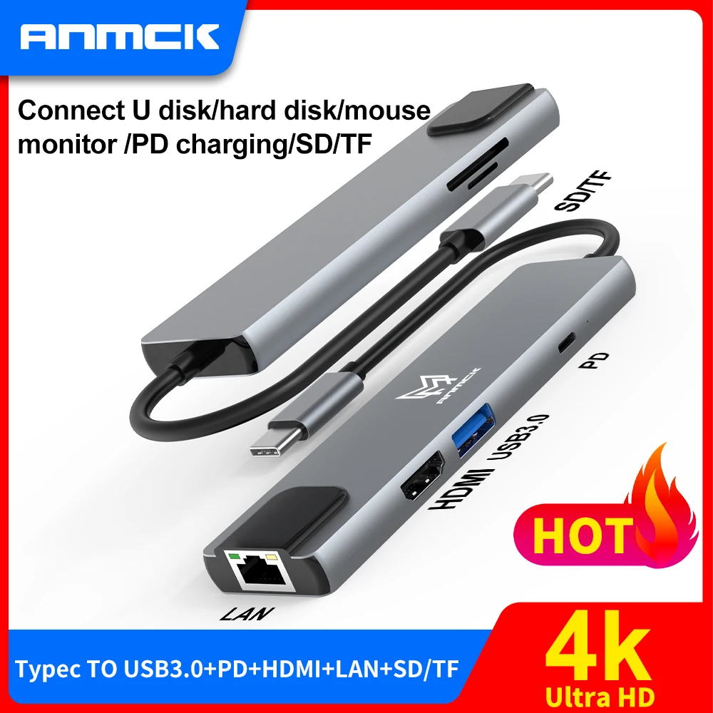 

Anmck USB C Hub Type C Dock OTG to Multi USB 3.0/2.0 Hub/Splitter SD RJ45 Lan 4K HDMI Adapter Card Reader for MacBook Huawei