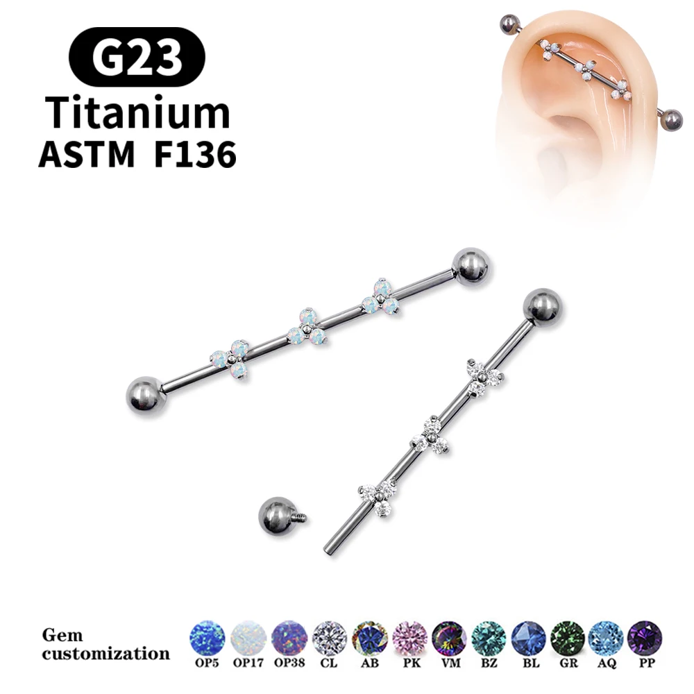 

G23 Titanium Triple Opal Stone Trinity Industrial Piercings Barbell Helix Tragus Cartilage Earrings Stud Body Piercing Jewelry