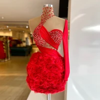 luxury sexy short party dresses one shoulder long sleeves 3d flowers tulle ruffles women cocktail gowns plus size custom made