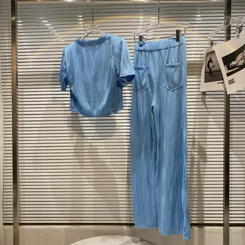 

2021 Summer Suit New Chain Short Sleeve T-shirt Loose Pullover Drooping Wide-Leg Pants Long Trousers Plain Women Two Piece Set