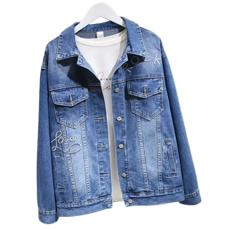 

New Spring Autumn Denim Jacket Female Korean Casual Letter Embroidery Outerwear Women's Short Bomber Jackets Plus Size 5XL 100KG