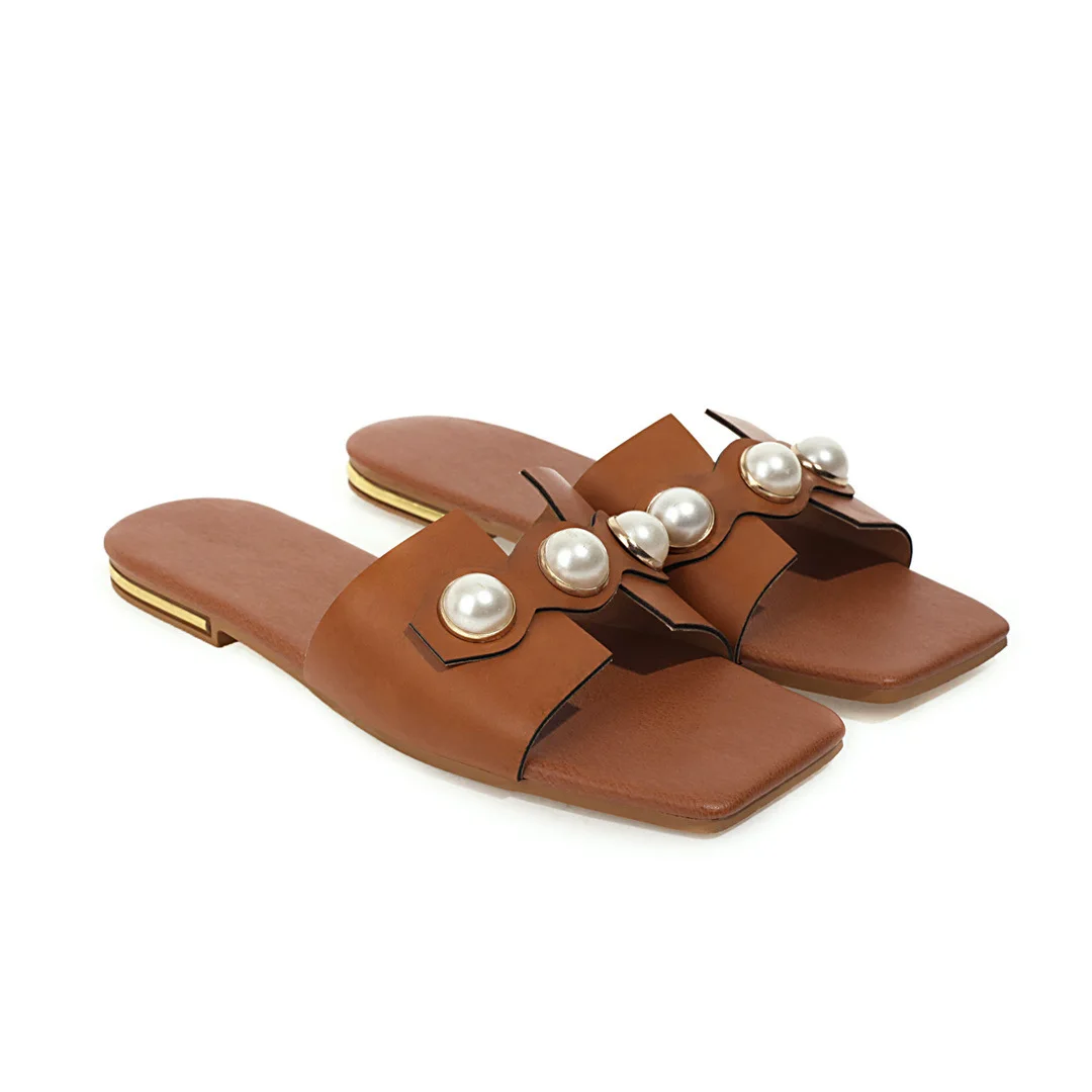 

Square Toe Slippers Women Summer Slides String Bead Flat Shoes Female Beige Heeled Sandals Pantofle Big Size Soft Black 2021 Cas