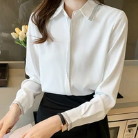 womens shirt white chiffon blouses for women long sleeve top women button uo office lady clothing polo neck female basic shirts