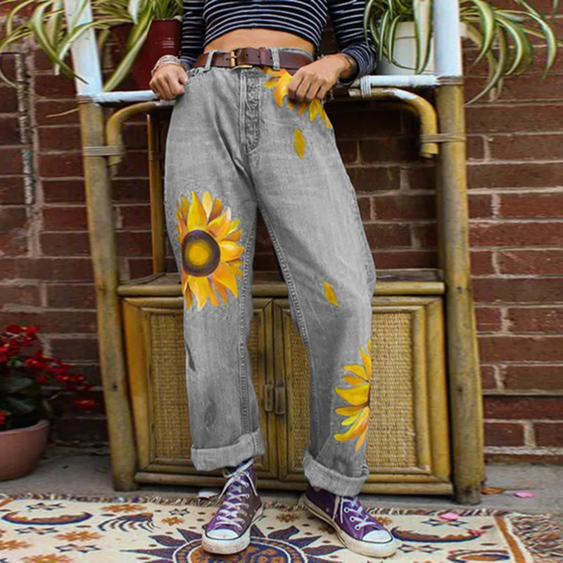 Sfit женские джинсы с цветочным принтом высокой талией широкие свободные Осенние