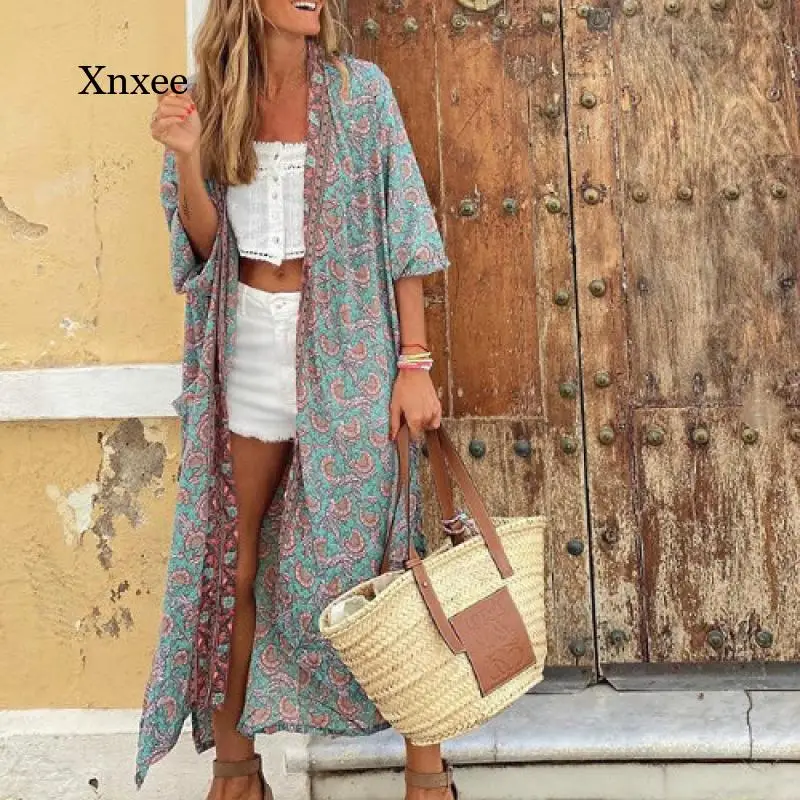 

Spring and Autumn Women's Vintage Boho Cardigan Open Stitch Thin Three-Quarter Sleeve Sleeve Length Casual Shirt Shirt Robe New