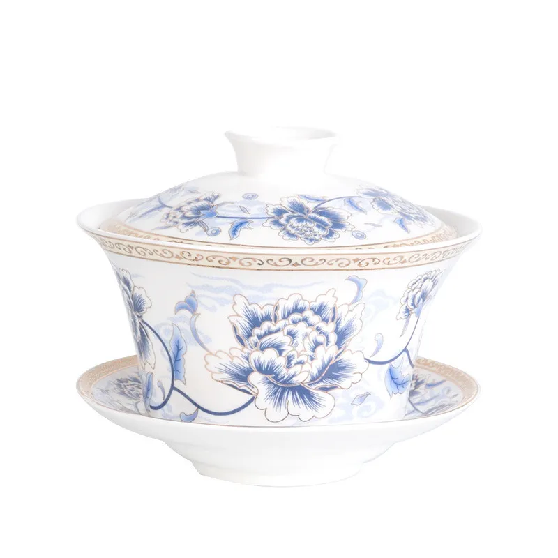Blue Wire Peony 350 мл Экстра большой Sancai GaiWan Китайский Старый Пекин чайная чаша Цзиндэчжэнь синий и белый фарфор чайная чашка и блюдце набор - Цвет: Blue Wire Peony
