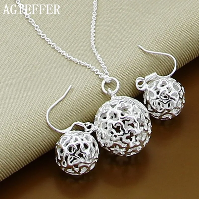 

AGTEFFER 925 Sterling Silver 18 inch Chain Hollow Round Ball Necklace Earring Set For Woman Wedding Engagement Fashion Jewelry