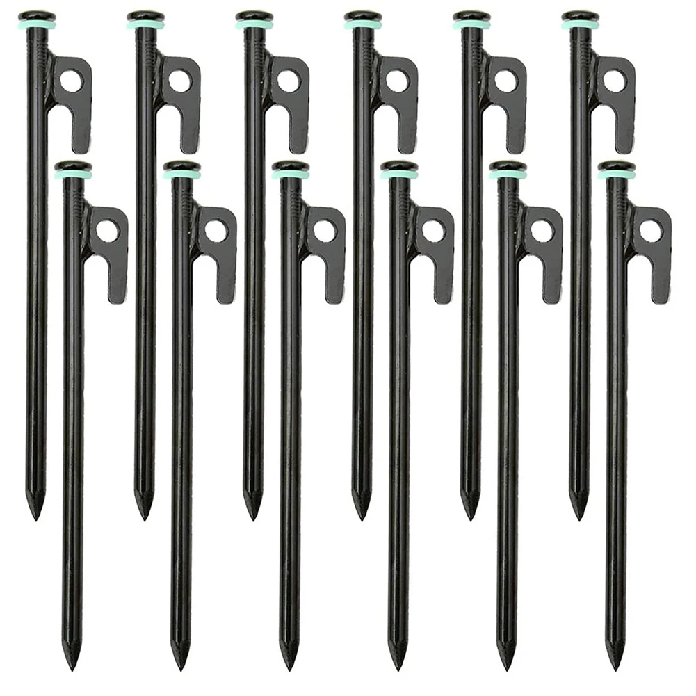 

12PCS Camping Tent Pegs Heavy Duty Steel 8inch Camp Stakes For Rocky Hard Places Outdoor Traveling Tent Accessories Black