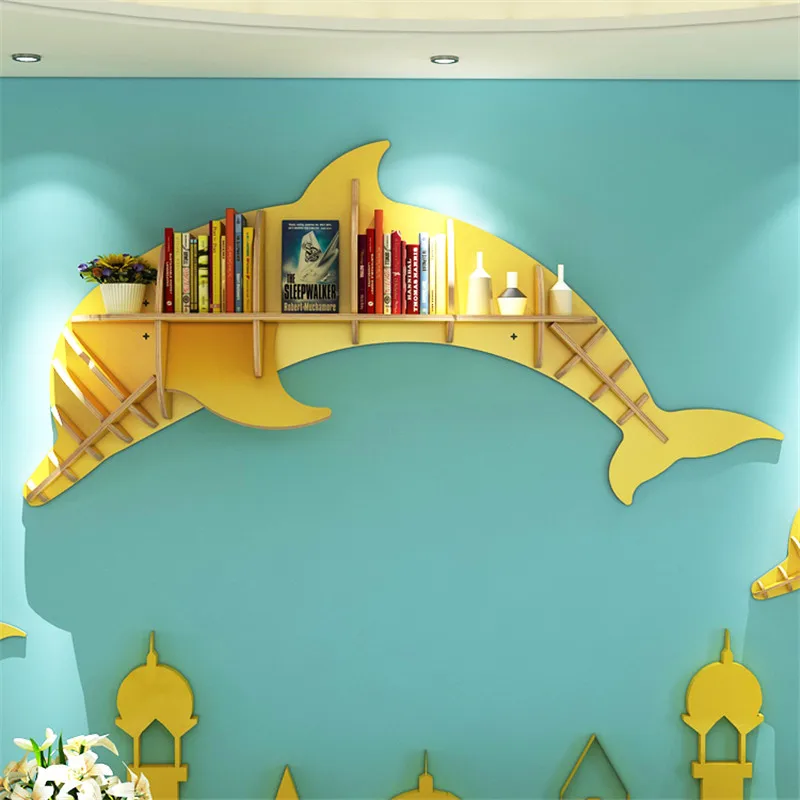 

wooden Nordic Creative Solid Wood Wall-mounted Rack Dolphin Shape Storage Shelf Background Wall Decoration Shelves Bookshelf
