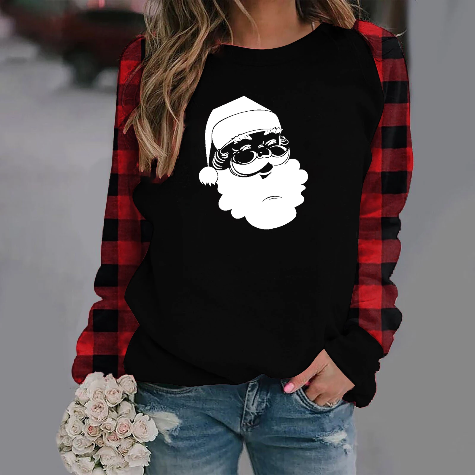 

Black and Red Plaid Raglan Long Sleeves Women T-shirts Funny Santa Claus Print Graphic Tees Women Harajuku Shirt for Ladies 2021