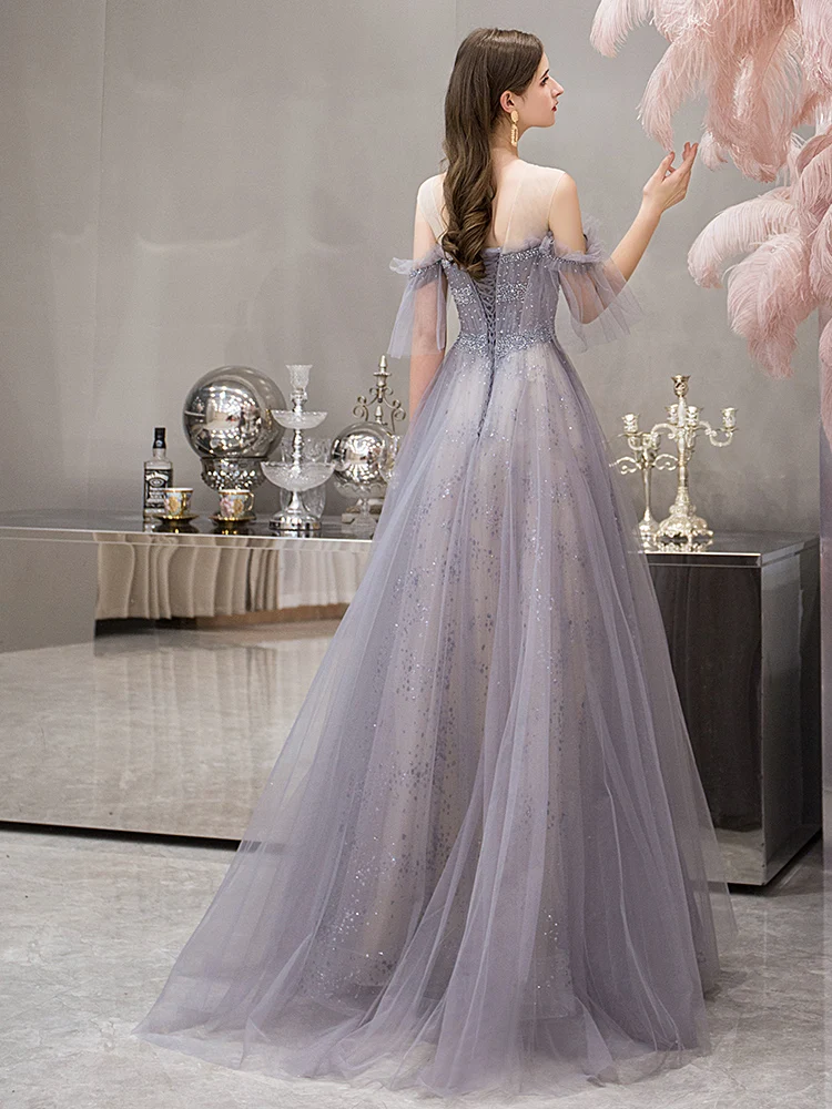 

Luxury Women Birthday Party Dresses 2020 Elegant O-neck Off The Shoulder A-line Floor-length Tulle Gowns For Evening Prom