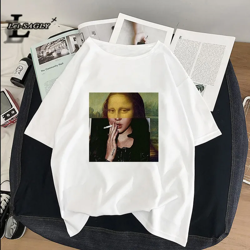 Lei SAGLY Mona Lisa smokes женские футболки художественная картина маслом Harajuku Эстетическая ulzzang негабаритная футболка Корейская одежда