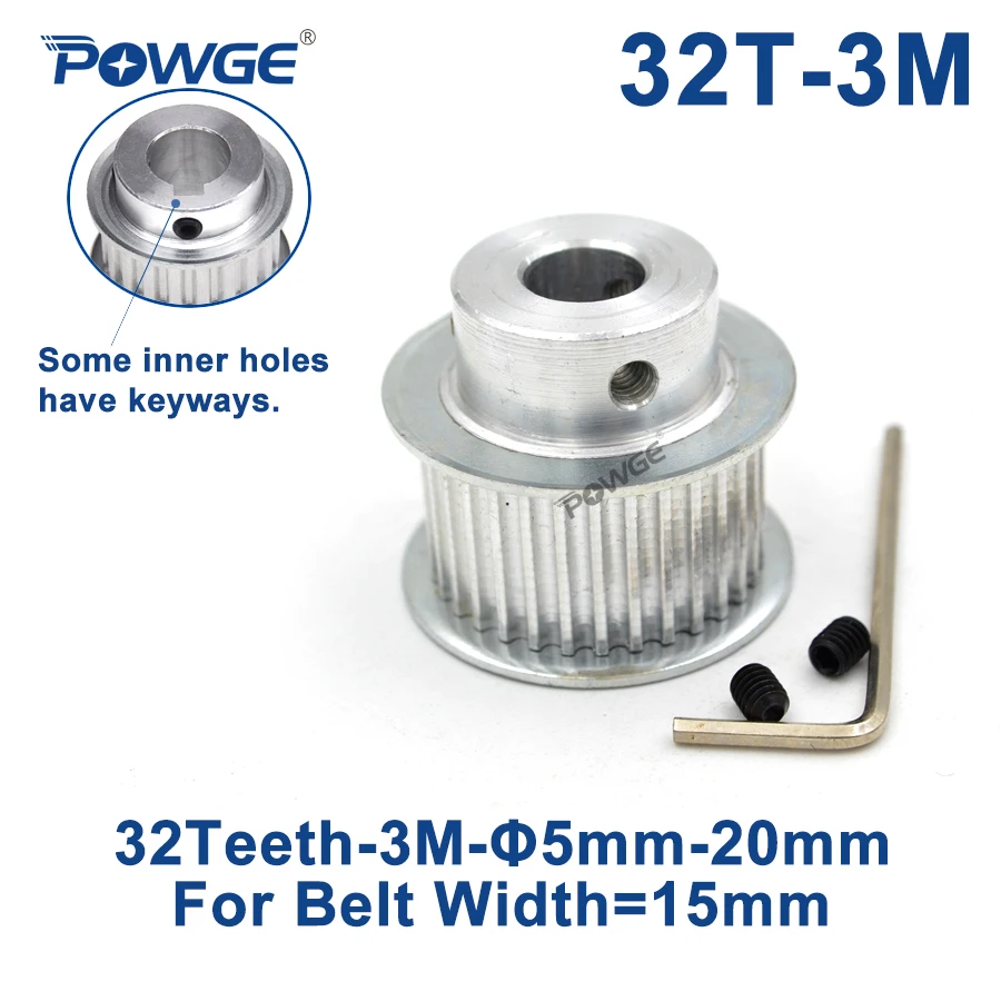 

POWGE 32 Teeth HTD 3M Synchronous Pulley Keyway Bore 5/6/6.35/8/10/12/14/15mm for Width 15mm HTD3M Timing belt 32Teeth 32T
