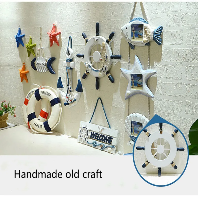 

Mediterranean Wind Decoration Wood Anchor Crafts Art Wall Hanging Hook Starfish Rudder Tag Photo Frame Vintage Home Ornament